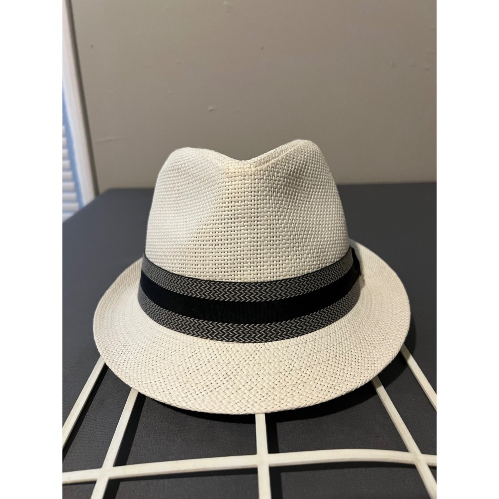 JCPenney‎ Mens Ivory White Straw Fedora Hat Black Ribbon Band S/M 12078-2
